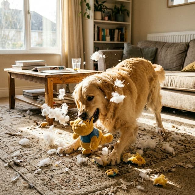 Indirect association: a golden retriever destroying a toy